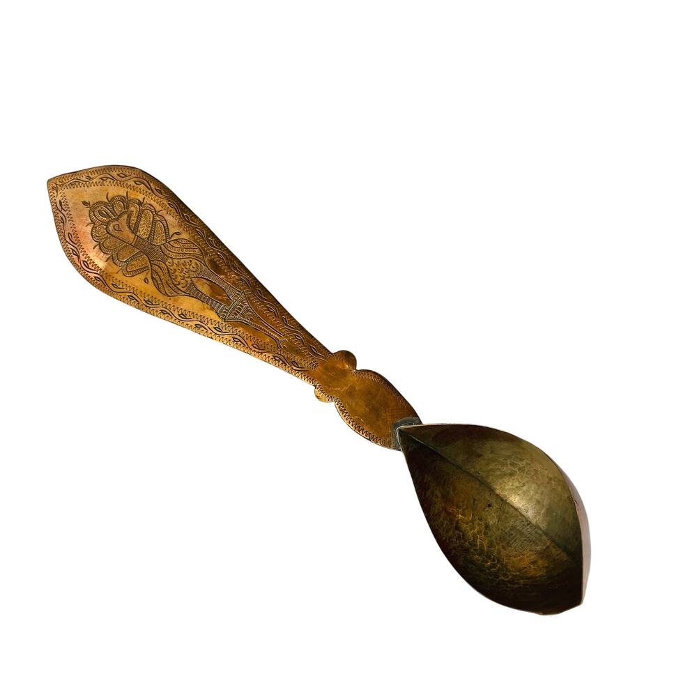 Vintage / Antique Handmade Copper Tin Plate Spoon Ladle Peacock Engraving